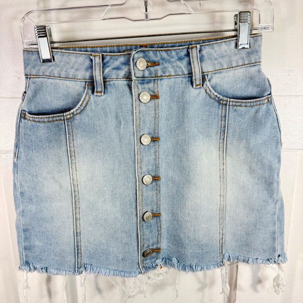 PacSun Light Wash Denim Button Front Mini Skirt Raw Hem 24